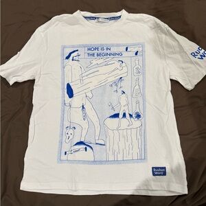 Zara Ruohan Wang White T-Shirt with Blue Accents